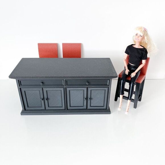 Barbie Integrity Doll Black Kitchen Island 1:6 Scale 3 Matched Chairs 3D Printed - Picture 9 of 13